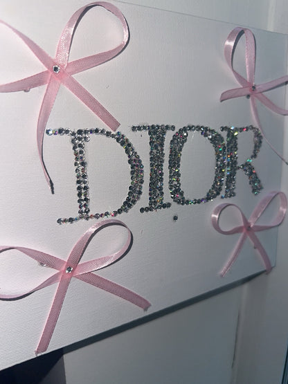 “DIOR” rhinestone canvas art with ribbons